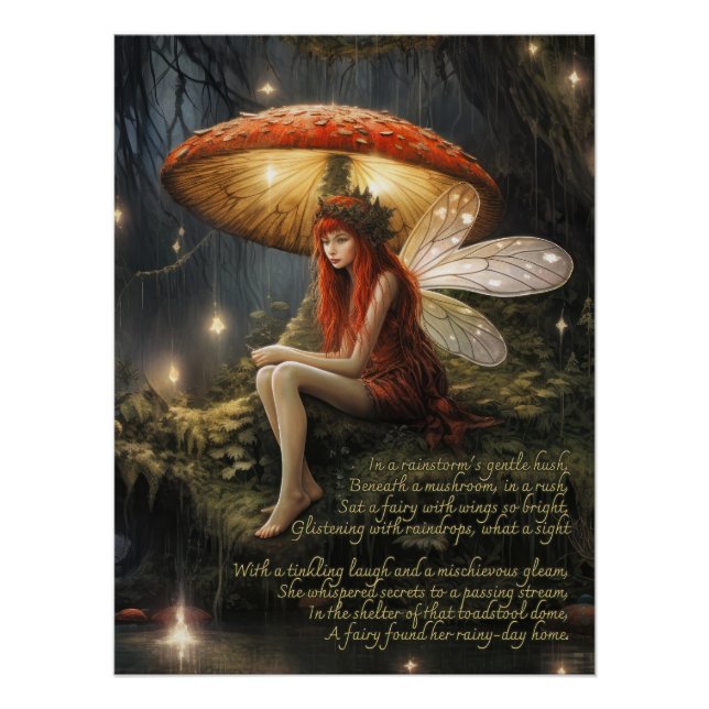 Faerie Under Mushroom In The Rain Poster (Front)