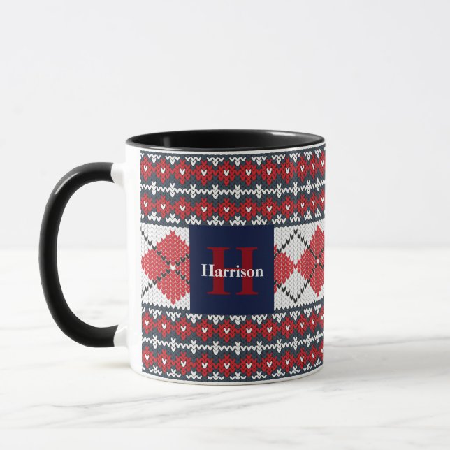 Fair Isle Argyle Blue and Red Monogrammed Mug (Left)