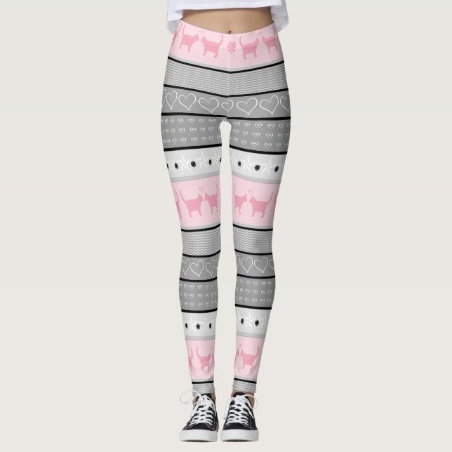 Fair Isle Cat Pattern, Grey & Pink Leggings (Front)