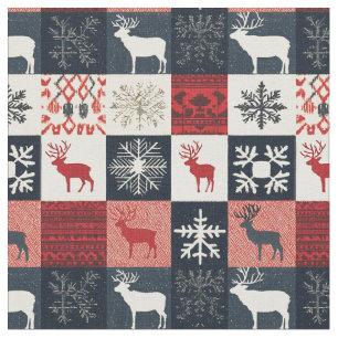 Fair Isle Knitted Patchwork Holiday Reindeer Fabric