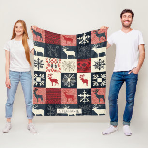 Fair Isle Knitted Patchwork Holiday Reindeer Fleece Blanket