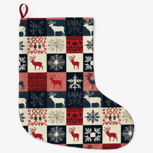 Fair Isle Knitted Patchwork Holiday Reindeer Large Christmas Stocking