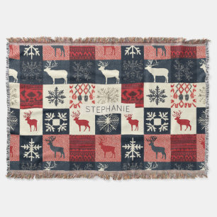 Fair Isle Knitted Patchwork   Holiday Reindeer Throw Blanket