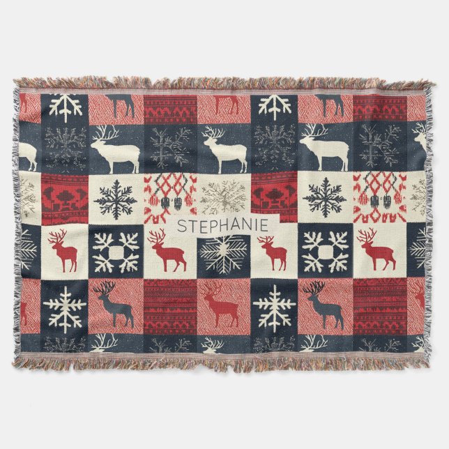 Fair Isle Knitted Patchwork | Holiday Reindeer Throw Blanket (Front)