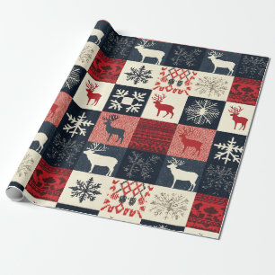 Fair Isle Knitted Patchwork Holiday Reindeer Wrapping Paper