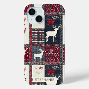Fair Isle Knitted Patchwork   Rustic Reindeer (2) iPhone 15 Case