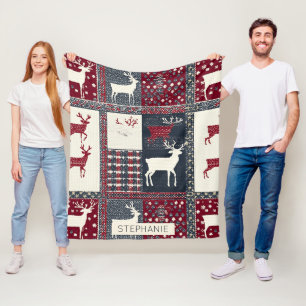 Fair Isle Knitted Patchwork   Rustic Reindeer (2) Fleece Blanket