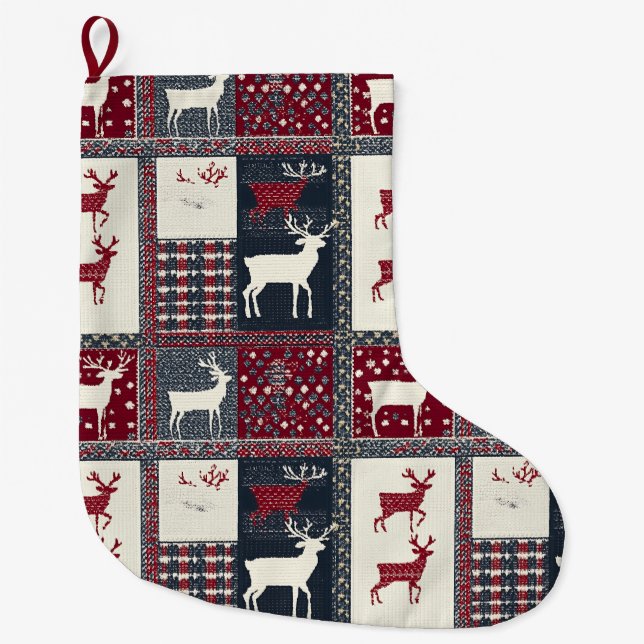 Fair Isle Knitted Patchwork | Rustic Reindeer (2) Large Christmas Stocking (Front)