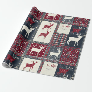 Fair Isle Knitted Patchwork   Rustic Reindeer (2) Wrapping Paper