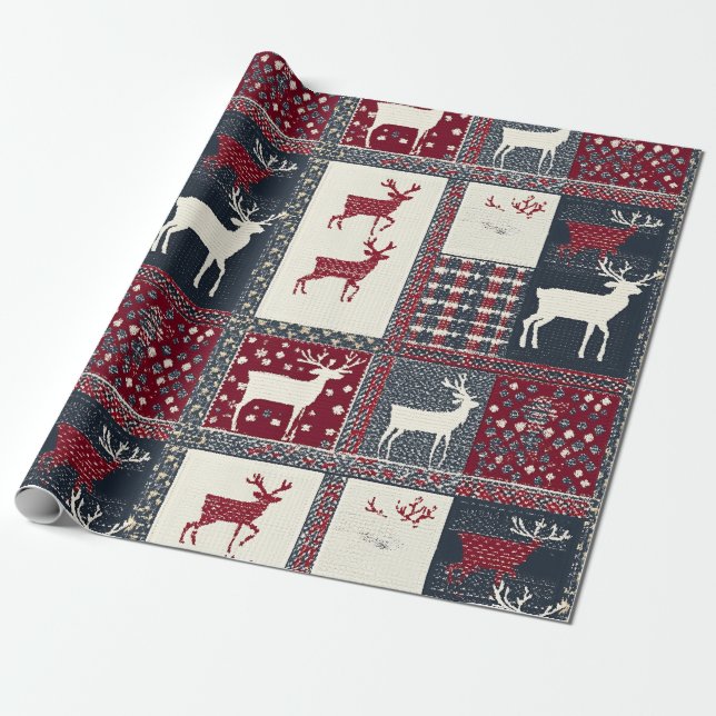 Fair Isle Knitted Patchwork | Rustic Reindeer (2) Wrapping Paper (Unrolled)