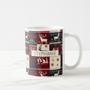 Fair Isle Knitted Patchwork   Rustic Reindeer Coffee Mug