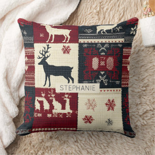 Fair Isle Knitted Patchwork Rustic Reindeer Cushion