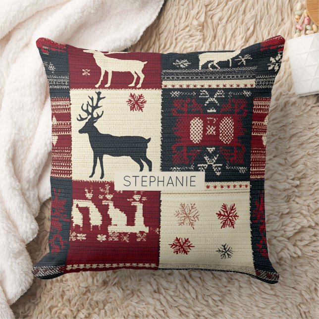 Fair Isle Knitted Patchwork | Rustic Reindeer Cushion (Blanket)