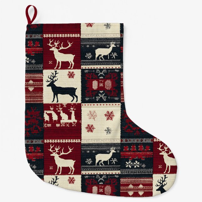 Fair Isle Knitted Patchwork | Rustic Reindeer Large Christmas Stocking (Front)