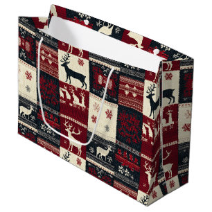 Fair Isle Knitted Patchwork Rustic Reindeer Large Gift Bag