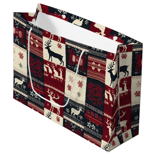 Fair Isle Knitted Patchwork | Rustic Reindeer Large Gift Bag (Front Angled)