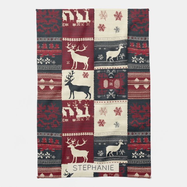 Fair Isle Knitted Patchwork | Rustic Reindeer Tea Towel (Vertical)