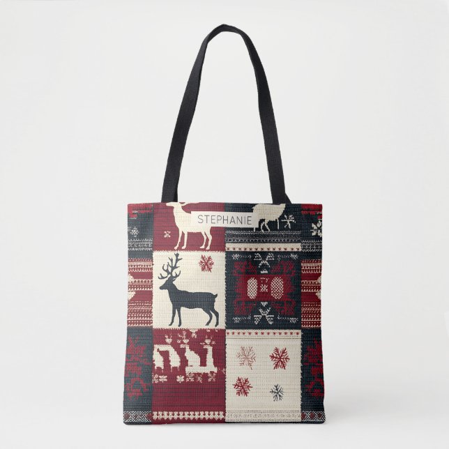 Fair Isle Knitted Patchwork | Rustic Reindeer Tote Bag (Front)