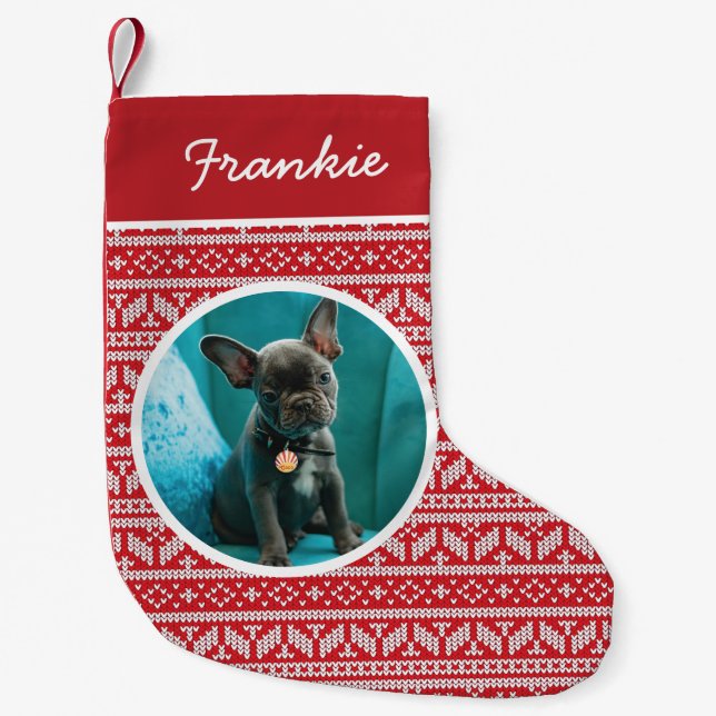 Fair Isle Red Christmas Pet Photo Small Christmas Stocking (Front)