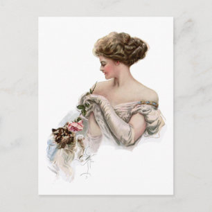 Fair Maiden Teases a Kitten Postcard