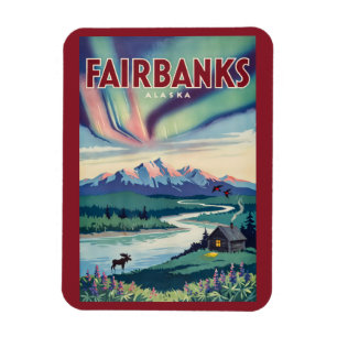 Fairbanks Alaska Northern Lights Illustration Magnet