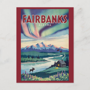 Fairbanks Alaska Northern Lights Illustration Postcard