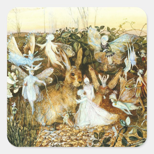 Fairies and Rabbit Square Sticker (Front)