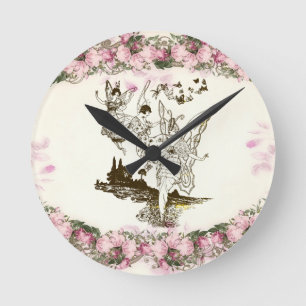 Fairies Dancing Vintage Flowers    Round Clock