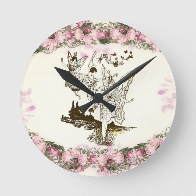 Fairies Dancing Vintage Flowers    Round Clock (Front)
