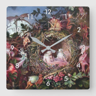 Fairies in a Birds Nest, John Anster Fitzgerald Square Wall Clock