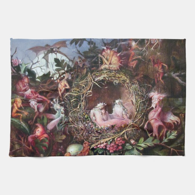 Fairies in a Birds Nest, John Anster Fitzgerald Tea Towel (Horizontal)