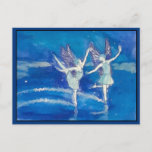 Fairies in the Snow Postcard<br><div class="desc">Two blue fairies playfully dance and skate across the ice while snow falls around them. Original watercolor.</div>