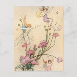 Fairies Jumping on Flowers Postcard