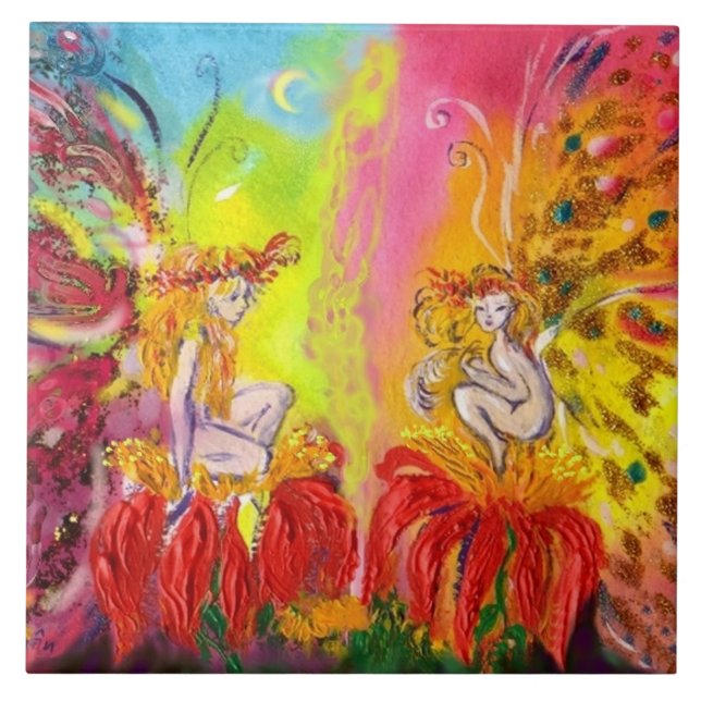 FAIRIES OF DAWN WITH RED FLOWERS Fantasy Ceramic Tile (Front)