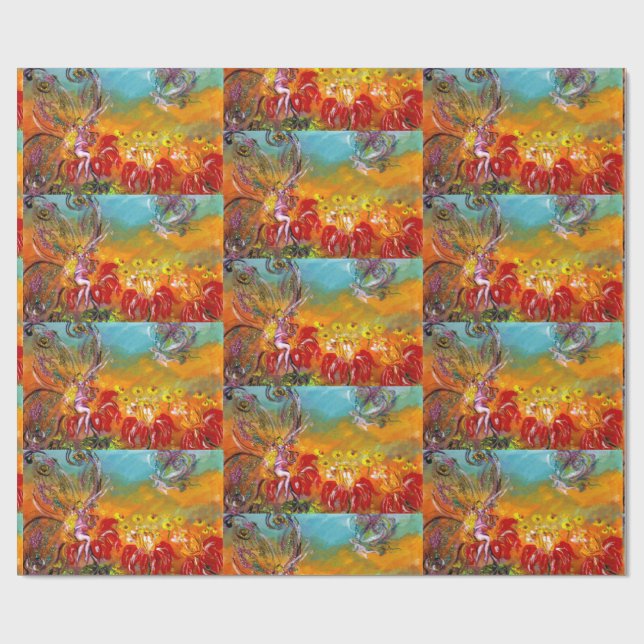 FAIRIES OF RED FLOWERS Floral Fantasy Wrapping Paper (Flat)