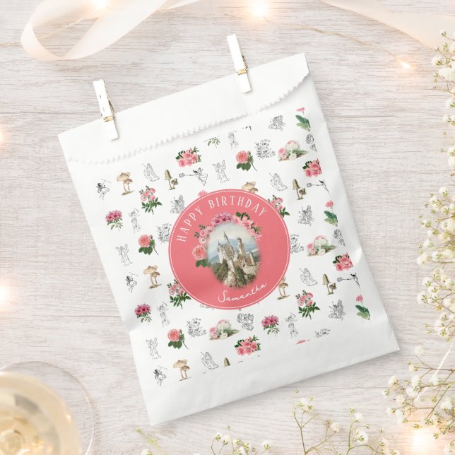Fairies Pink Floral Mushroom Fairy Castle Birthday Favour Bag (Clipped)