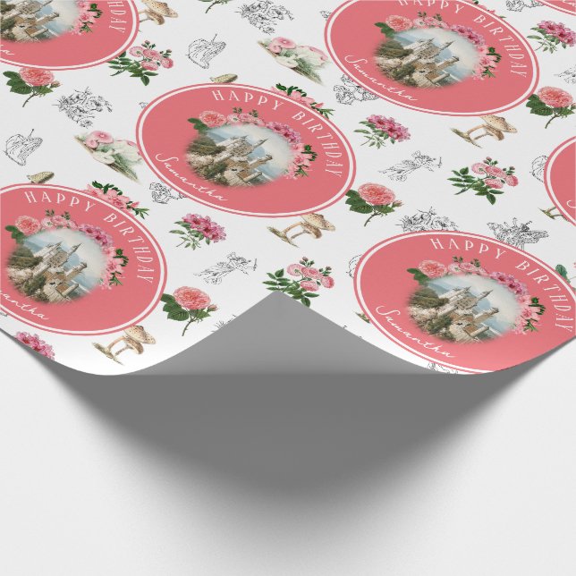 Fairies Pink Floral Mushroom Fairy Castle Birthday Wrapping Paper (Corner)