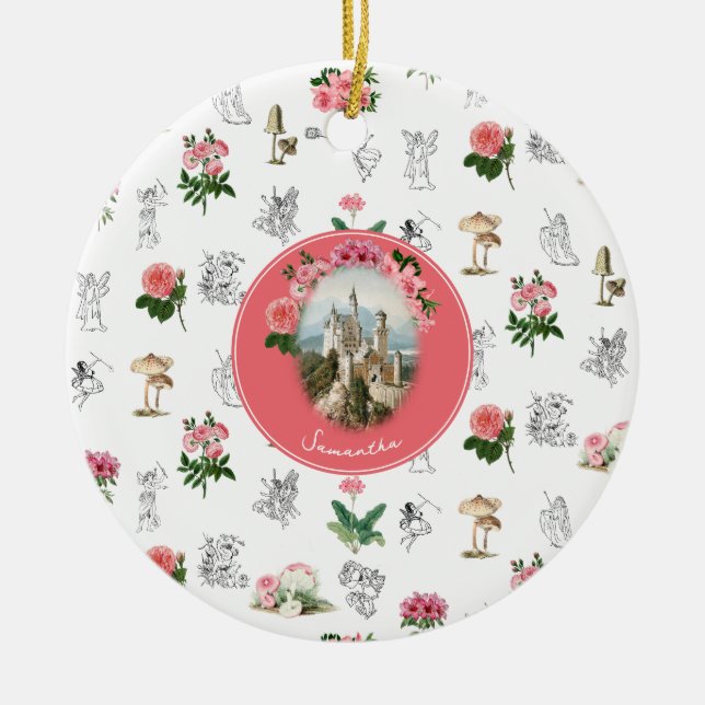 Fairies Pink Floral Mushroom Fairy Castle Monogram Ceramic Ornament (Front)