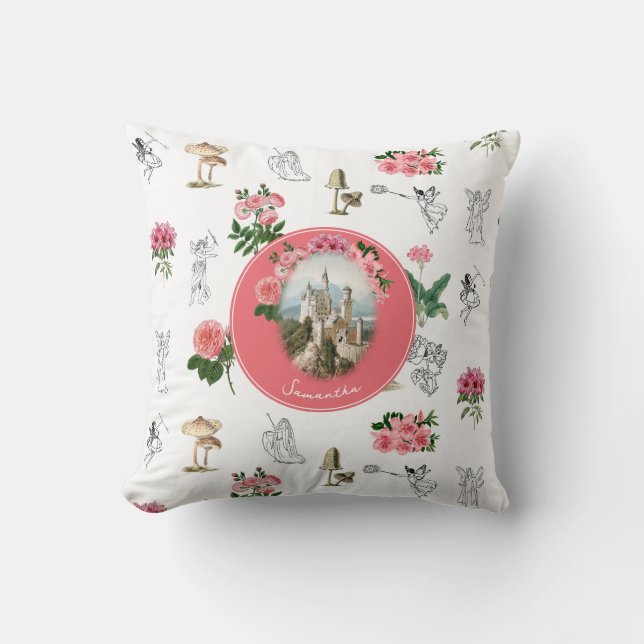 Fairies Pink Floral Mushroom Fairy Castle Monogram Cushion (Front)