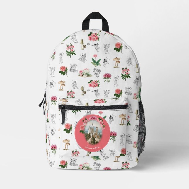 Fairies Pink Floral Mushroom Fairy Castle Monogram Printed Backpack (Front)