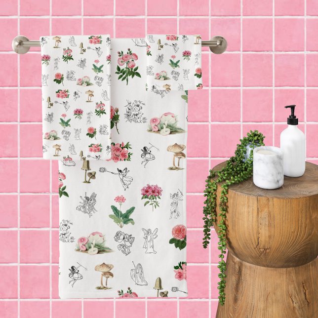 Fairies Pink Floral & Mushroom Fairy Pattern Bath Towel Set (Fairies Pink Floral & Mushroom Fairy Pattern Bath Towel Set)