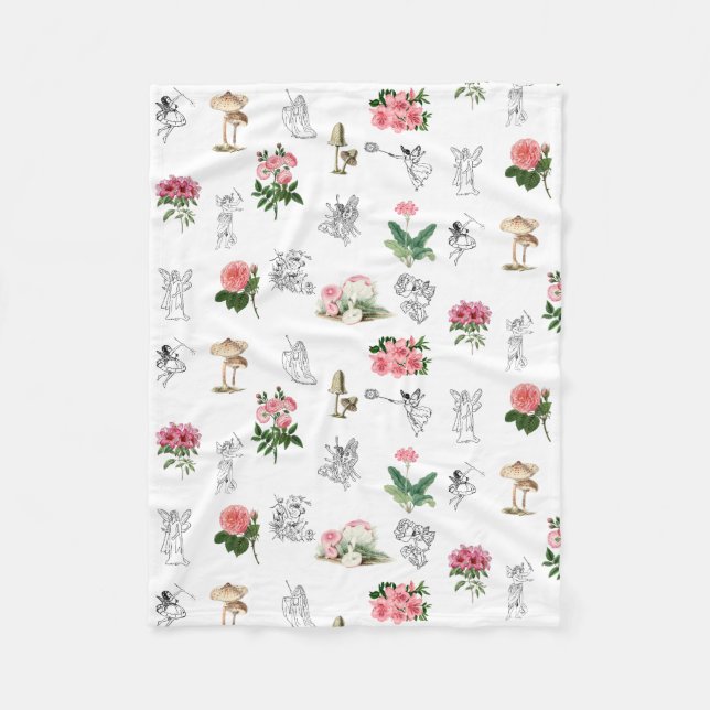 Fairies Pink Floral & Mushroom Fairy Pattern Fleece Blanket (Front)