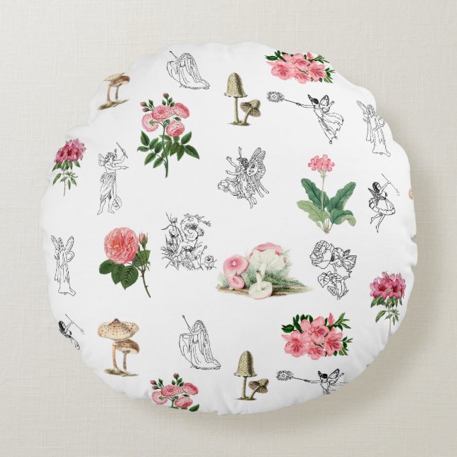Fairies Pink Floral & Mushroom Fairy Pattern Round Cushion (Front)