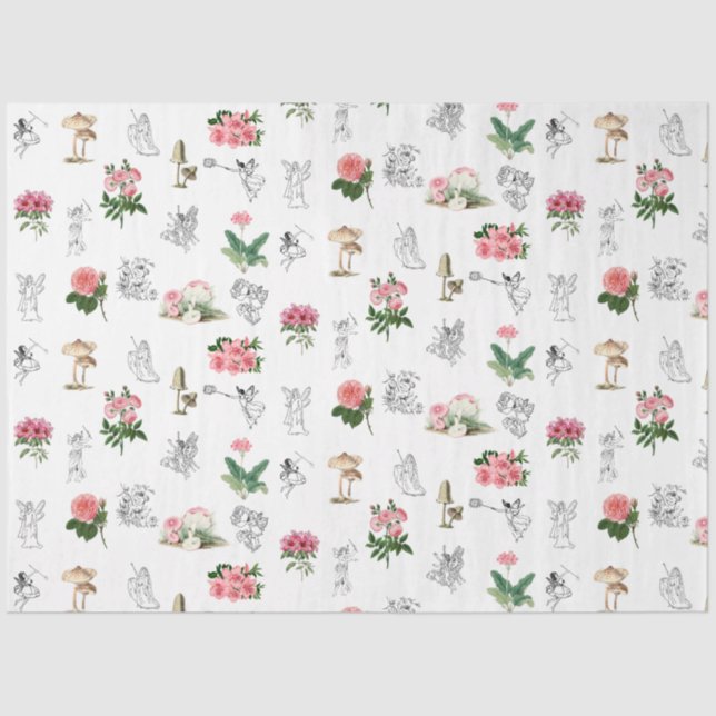 Fairies Pink Floral & Mushroom Fairy Pattern Tissue Paper (Front)