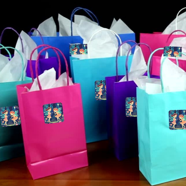 Fairies Playing In The Enchanted Forest Birthday Square Sticker (Party Bags)