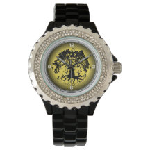 Fairies Tree Women's Rhinestone Black Enamel Watch