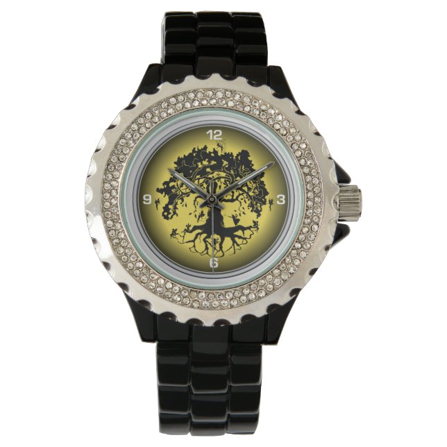 Fairies Tree Women's Rhinestone Black Enamel Watch (Front)