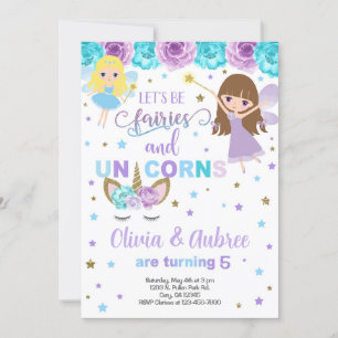 Fairies & unicorns girls siblings invitation. invitation