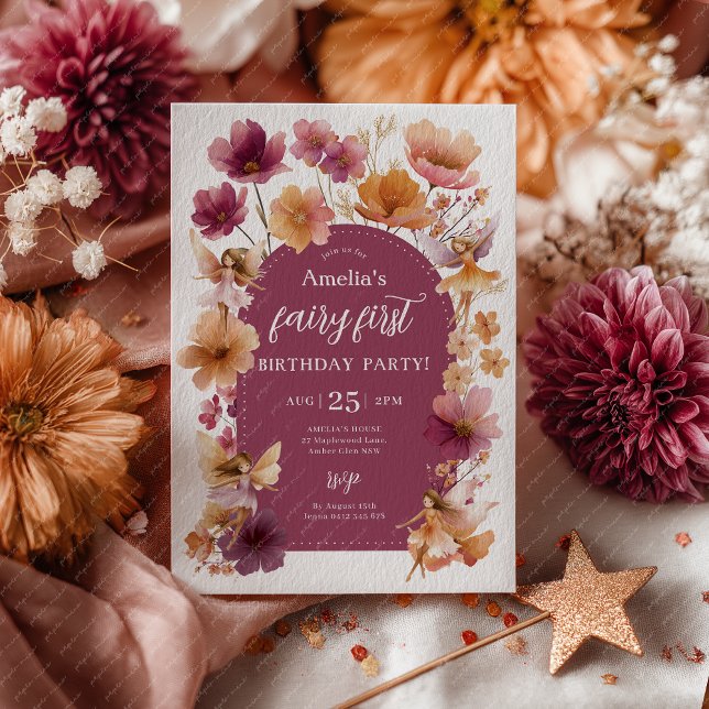 Fairy 1st Birthday Fairy Fall Burgundy Orange Invitation (Fairy First Invitation in fall colors Burgundy and Orange)