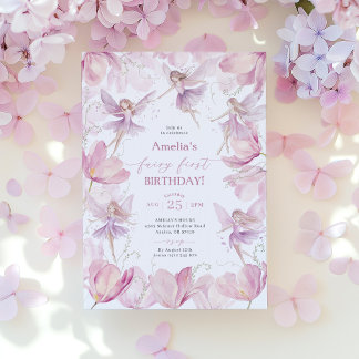 Fairy 1st Birthday Girls Fairy Party Pink Purple  Invitation